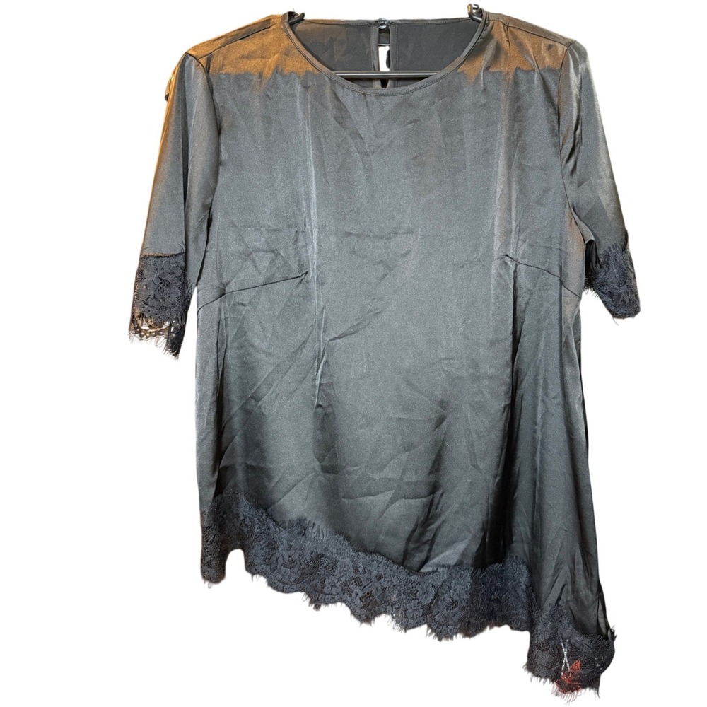 Tankaneo Black Satin Asymmetrical Lace Hem Blouse Short Sleeve Top S NWT